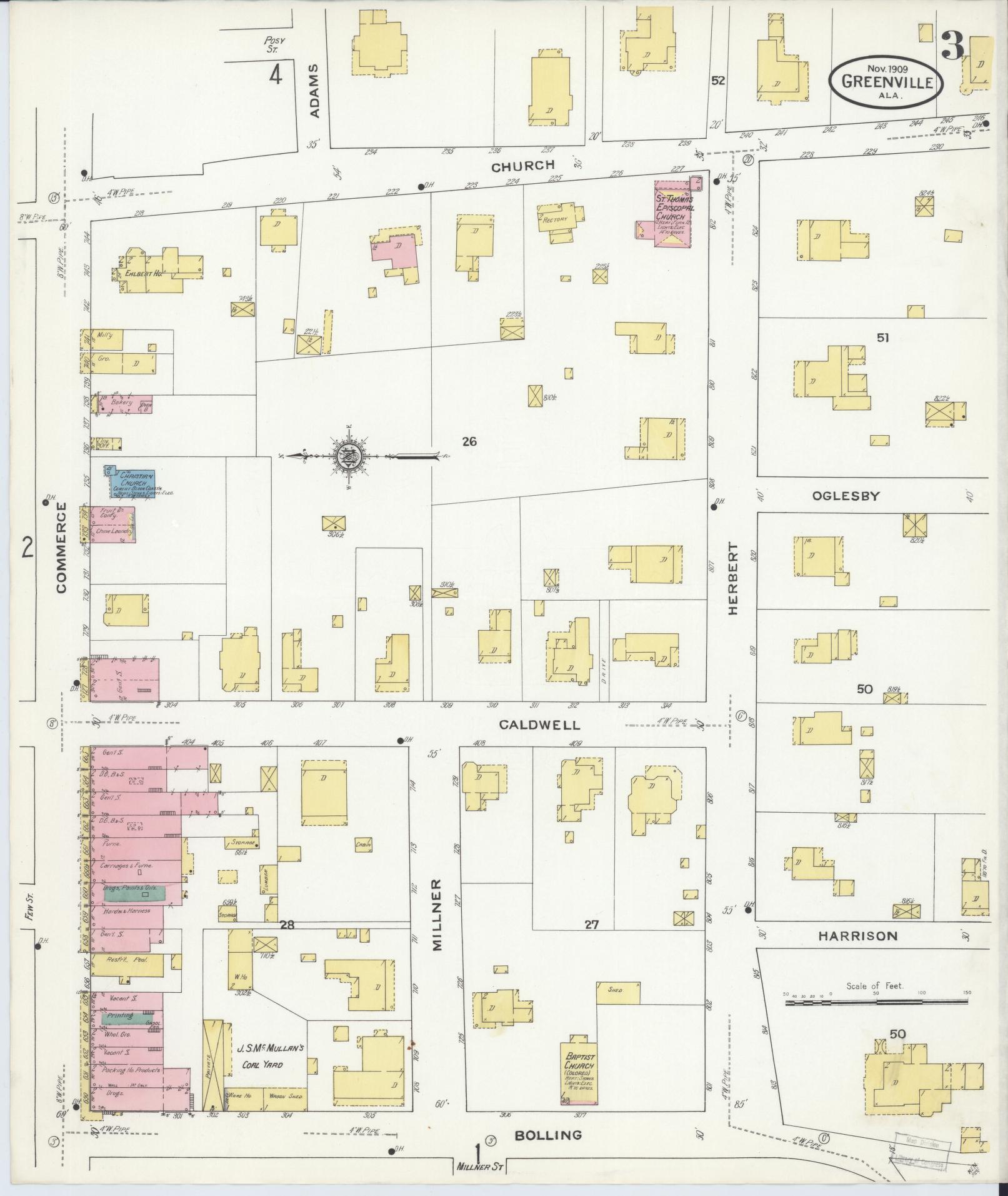 Sanborn Fire Insurance Map from Greenville, Butler County, Alabama (1909), Sheet #0003 - Complete Map Set gallery image, historic Sanborn map, vintage wall art, Alabama Alabama