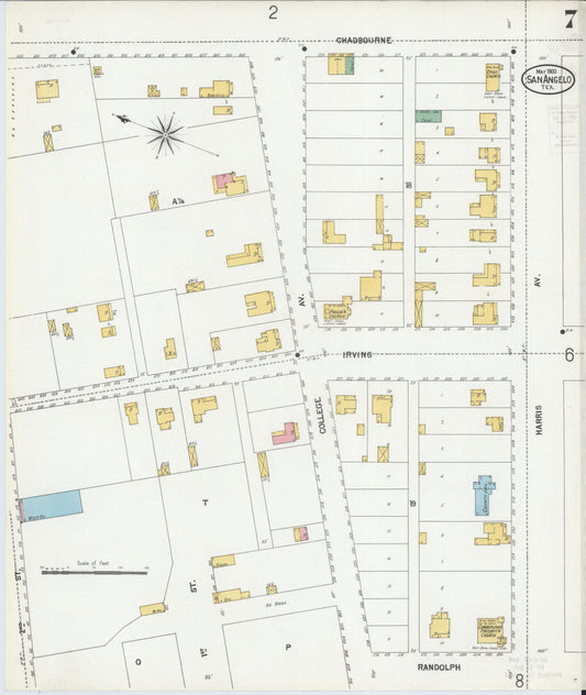 Sanborn Fire Insurance Map from San Angelo, Tom Green County, Texas (1900), Sheet #0007 - Historic Sanborn Fire Insurance Map Print, vintage old map wall art, antique decor, genealogy gift, Texas Texas map