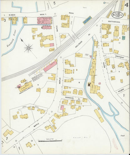 Sanborn Fire Insurance Map from Warren, Worcester County, Massachusetts (1906), Sheet #0004 - Historic Sanborn Fire Insurance Map Print, vintage old map wall art, antique decor, genealogy gift, Massachusetts Massachusetts map