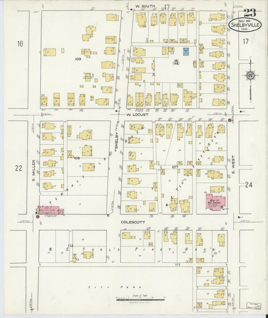 Sanborn Fire Insurance Map from Shelbyville, Shelby County, Indiana (1916), Sheet #0023 - Historic Sanborn Fire Insurance Map Print, vintage old map wall art, antique decor, genealogy gift, Indiana Indiana map