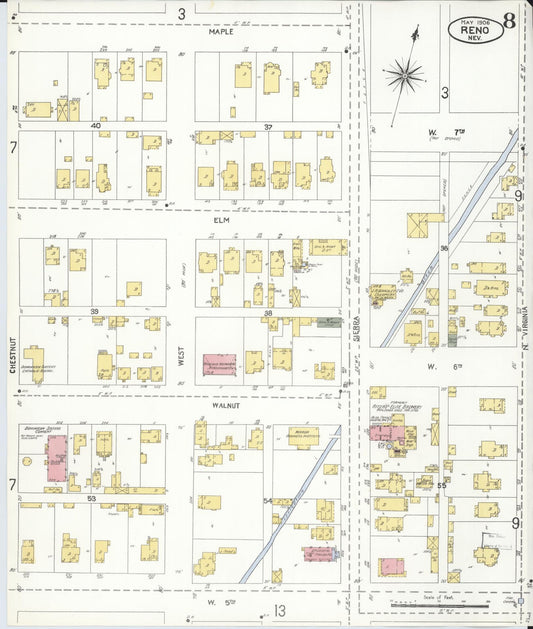 Sanborn Fire Insurance Map from Reno, Washoe County, Nevada (1906), Sheet #0008 - Historic Sanborn Fire Insurance Map Print, vintage old map wall art, antique decor, genealogy gift, Nevada Nevada map