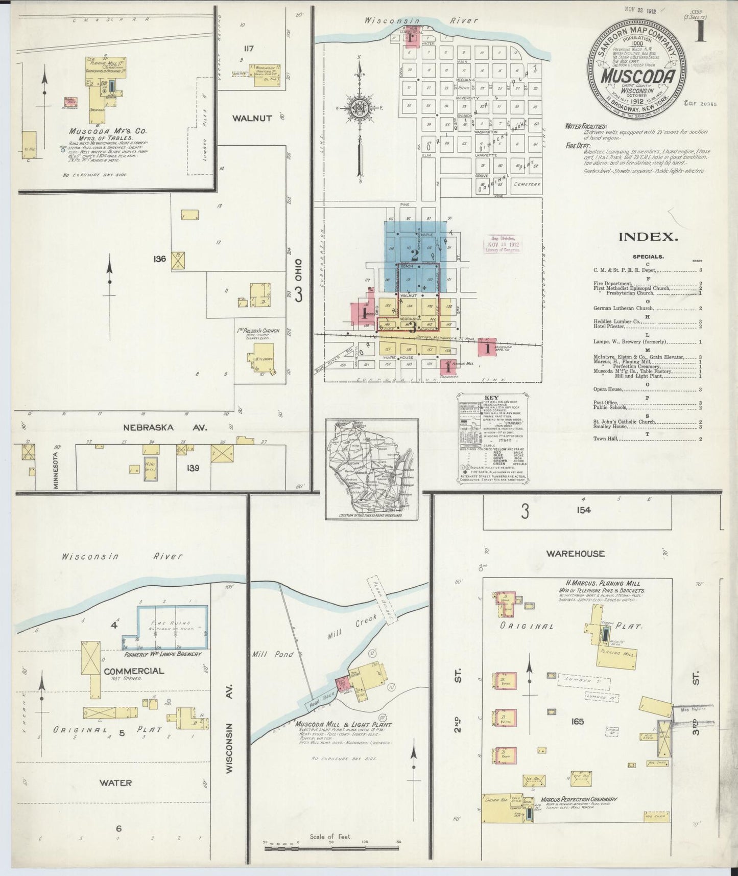 Sanborn Fire Insurance Map from Muscoda, Grant County, Wisconsin (1912), Sheet #0001 - Historic Sanborn Fire Insurance Map Print, vintage old map wall art, antique decor, genealogy gift, Wisconsin Wisconsin map