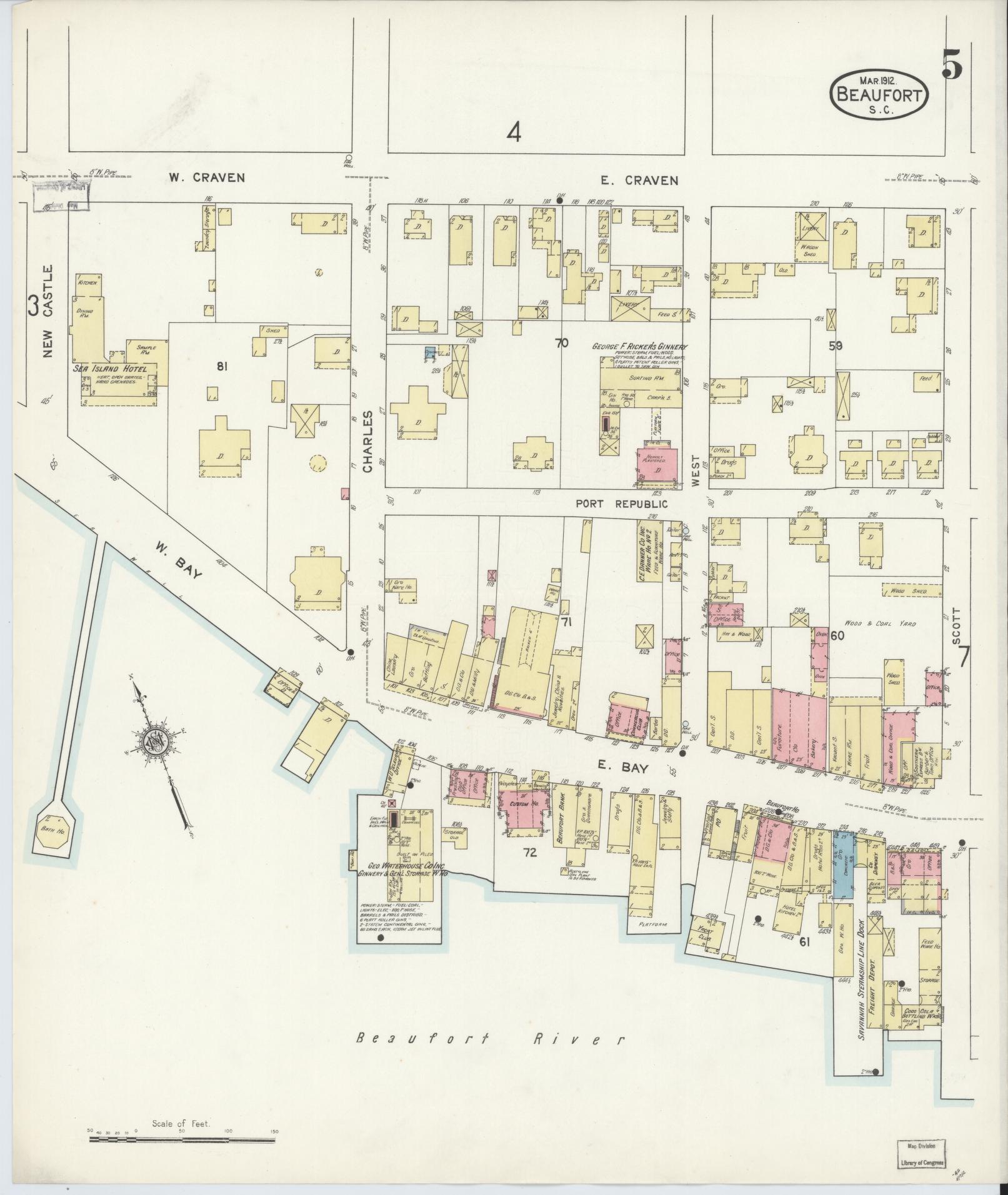 Sanborn Fire Insurance Map from Beaufort, Beaufort County, South Carolina (1912), Sheet #0005 - Complete Map Set gallery image, historic Sanborn map, vintage wall art, South Carolina South Carolina
