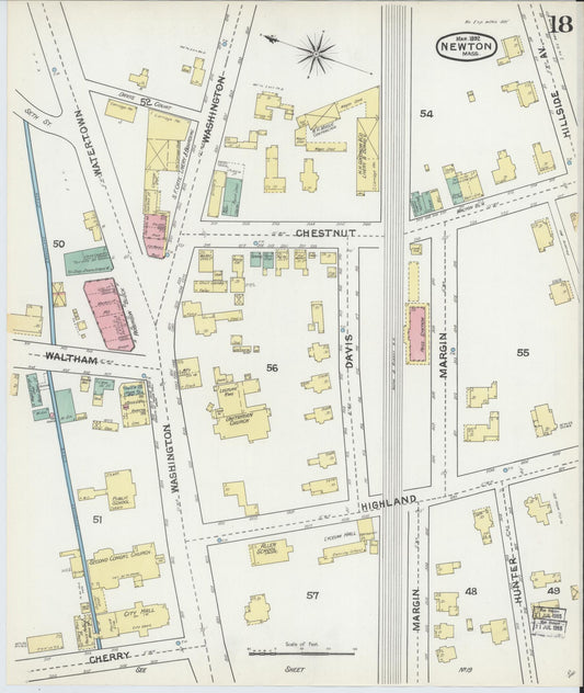 Sanborn Fire Insurance Map from Newton, Middlesex County, Massachusetts (1892), Sheet #0018 - Historic Sanborn Fire Insurance Map Print, vintage old map wall art, antique decor, genealogy gift, Massachusetts Massachusetts map