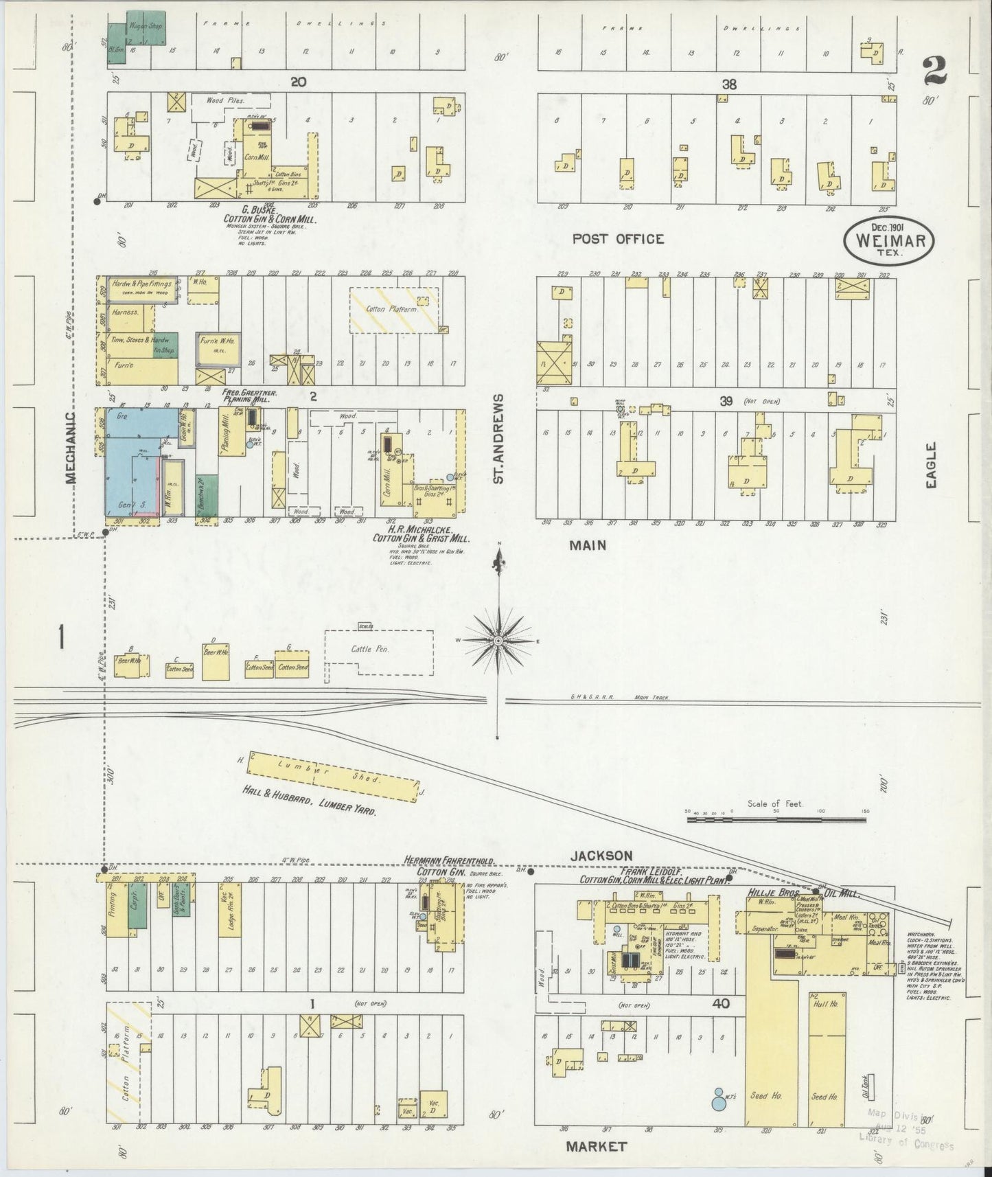 Sanborn Fire Insurance Map from Weimar, Colorado County, Texas (1901), Sheet #0002 - Complete Map Set gallery image, historic Sanborn map, vintage wall art, Weimar Colorado