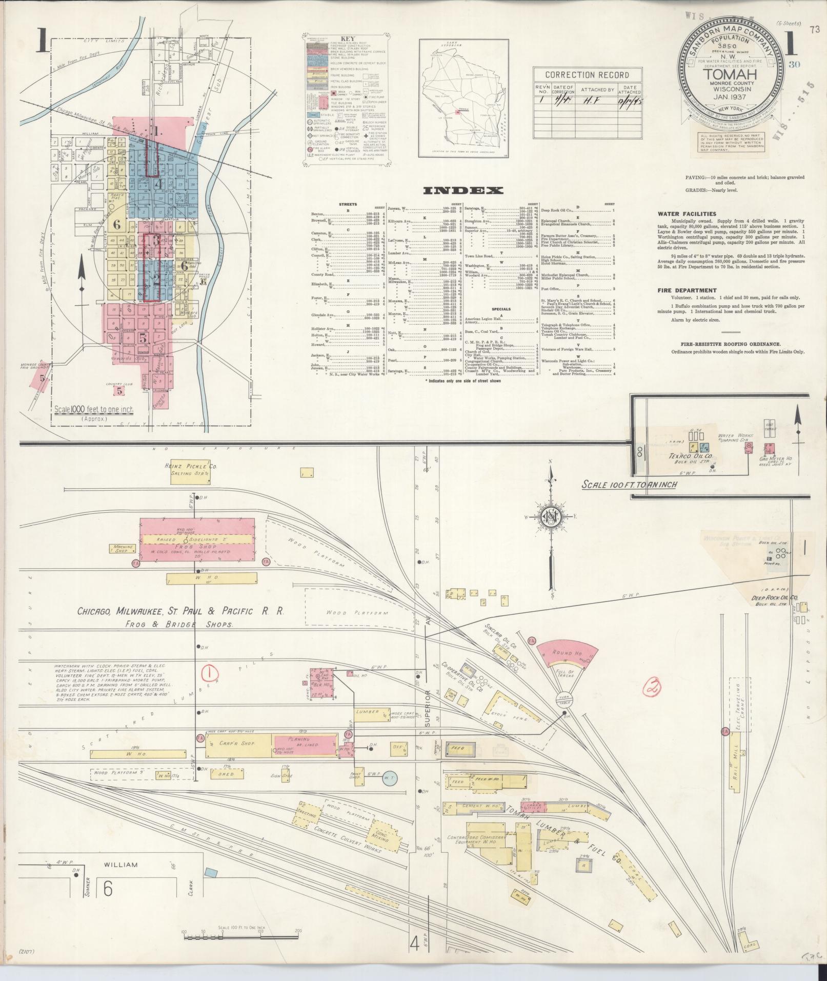 Sanborn Fire Insurance Map from Tomah, Monroe County, Wisconsin (1944), Sheet #0001 - Complete Map Set gallery image, historic Sanborn map, vintage wall art, Wisconsin Wisconsin