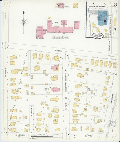 Sanborn Fire Insurance Map from Columbia, Boone County, Missouri (1908), Sheet #0003 - Complete Map Set gallery image, historic Sanborn map, vintage wall art, Missouri Missouri