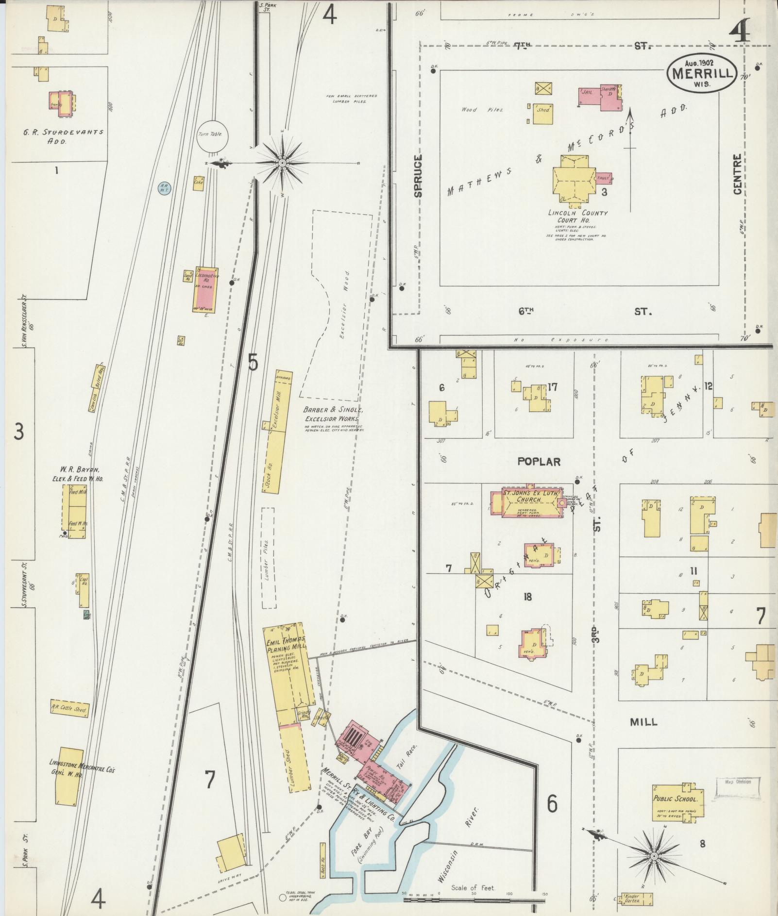 Sanborn Fire Insurance Map from Merrill, Lincoln County, Wisconsin (1902), Sheet #0004 - Complete Map Set gallery image, historic Sanborn map, vintage wall art, Wisconsin Wisconsin