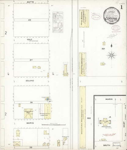 Sanborn Fire Insurance Map from Corning, Tehama County, California (1897), Sheet #0001 - Historic Sanborn Fire Insurance Map Print, vintage old map wall art, antique decor, genealogy gift, California California map