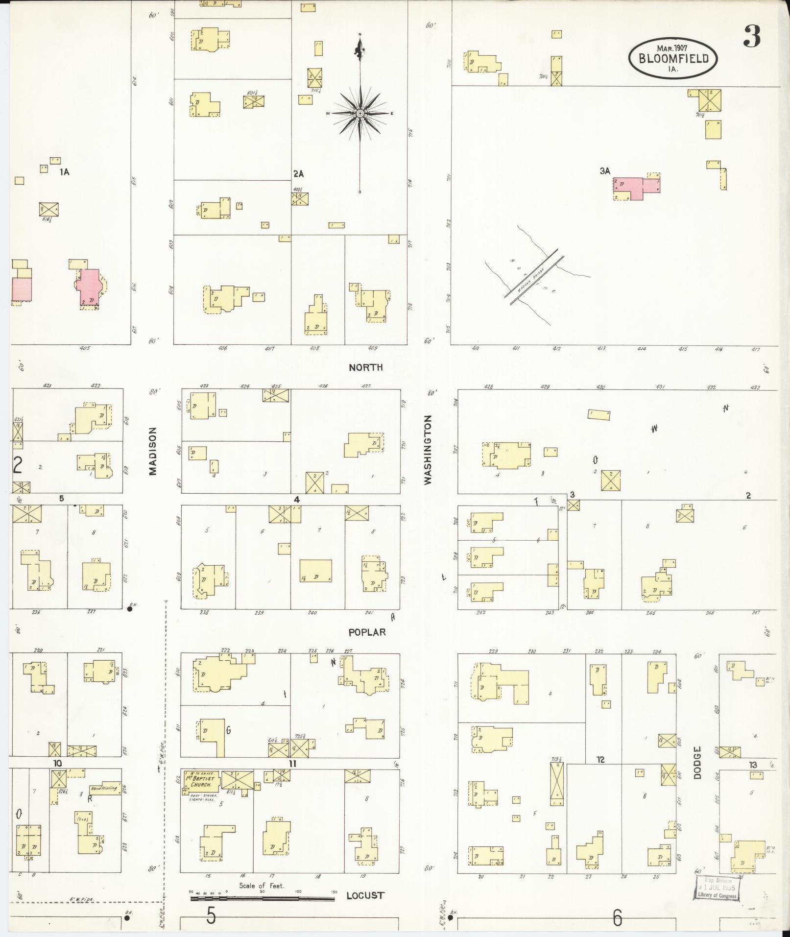 Sanborn Fire Insurance Map from Bloomfield, Davis County, Iowa (1907), Sheet #0003 - Historic Sanborn Fire Insurance Map Print, vintage old map wall art