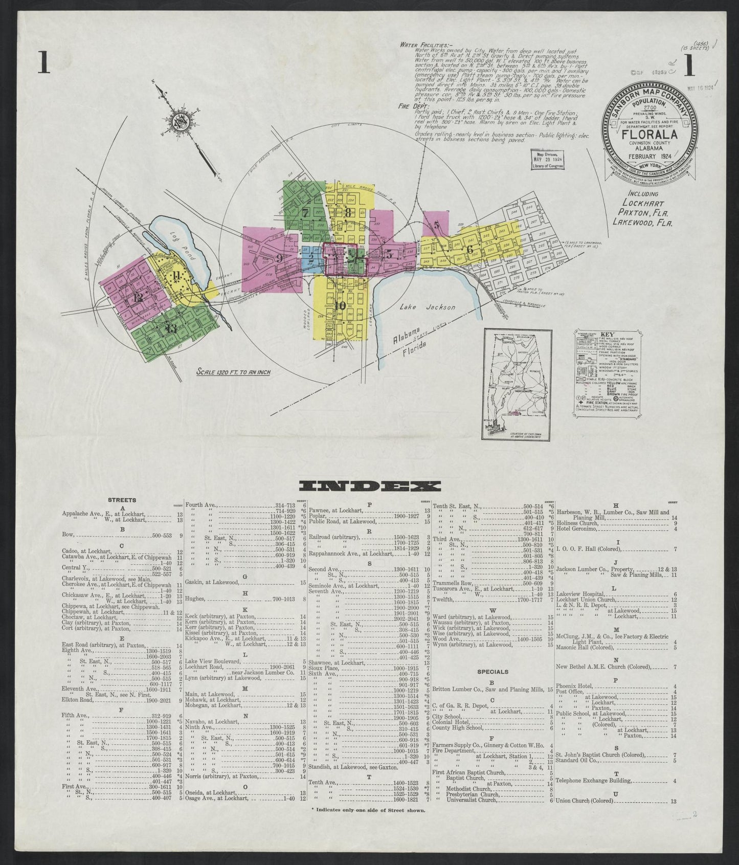 Sanborn Fire Insurance Map from Florala, Covington County, Alabama (1924), Sheet #0001 - Historic Sanborn Fire Insurance Map Print, vintage old map wall art, antique decor, genealogy gift, Alabama Alabama map