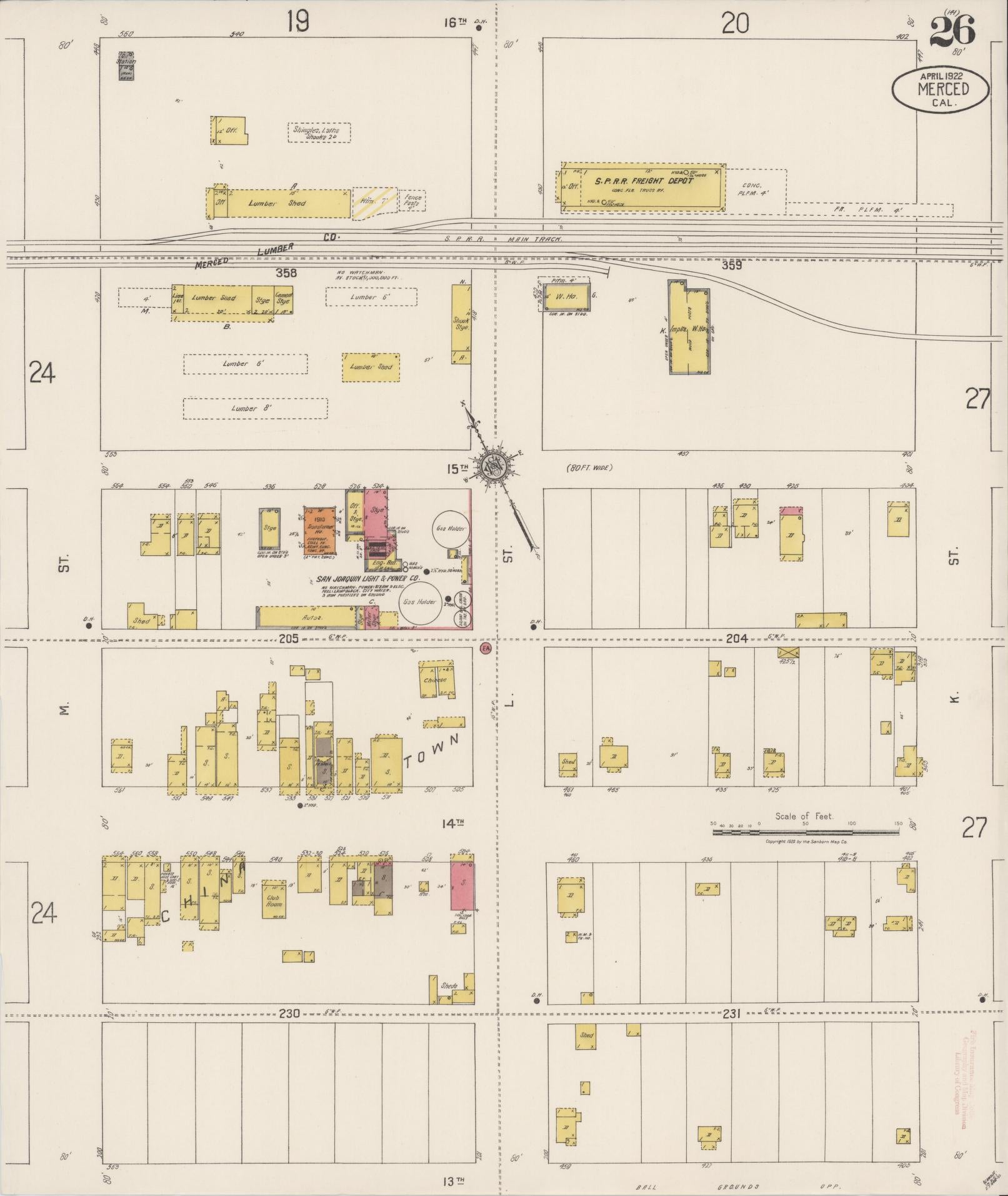Sanborn Fire Insurance Map from Merced, Merced County, California (1922), Sheet #0026 - Historic Sanborn Fire Insurance Map Print, vintage old map wall art, antique decor, genealogy gift, California California map