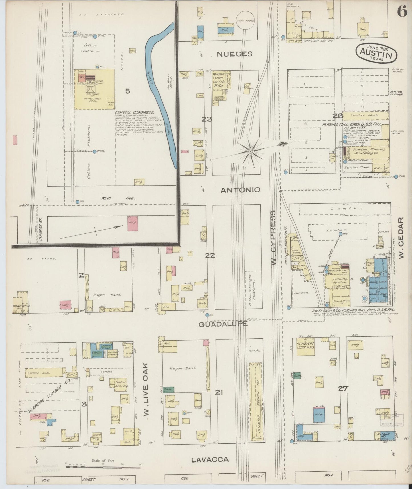 Sanborn Fire Insurance Map from Austin, Travis County, Texas (1885), Sheet #0006 - Historic Sanborn Fire Insurance Map Print, vintage old map wall art, antique decor, genealogy gift, Texas Texas map