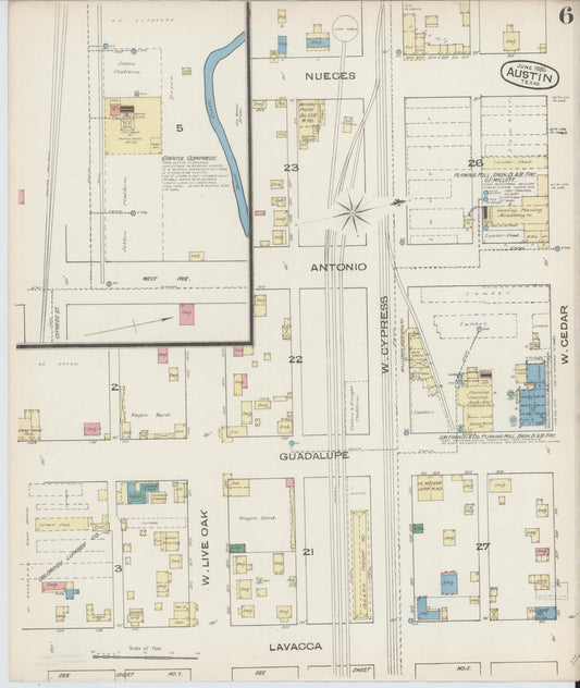 Sanborn Fire Insurance Map from Austin, Travis County, Texas (1885), Sheet #0006 - Historic Sanborn Fire Insurance Map Print, vintage old map wall art, antique decor, genealogy gift, Texas Texas map