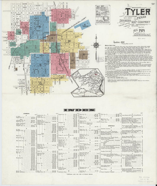 Sanborn Fire Insurance Map from Tyler, Smith County, Texas (1919), Sheet #0001 - Complete Map Set gallery image, historic Sanborn map, vintage wall art, Texas Texas