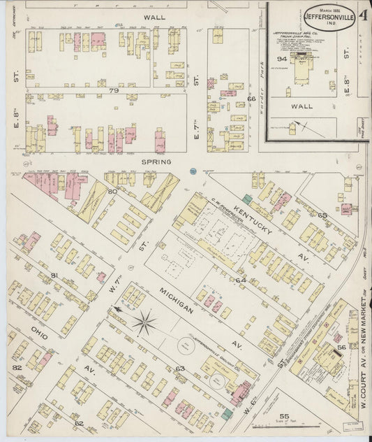 Sanborn Fire Insurance Map from Jeffersonville, Clark County, Indiana (1886), Sheet #0004 - Historic Sanborn Fire Insurance Map Print, vintage old map wall art, antique decor, genealogy gift, Indiana Indiana map