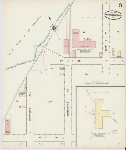 Sanborn Fire Insurance Map from Waynesboro, Independent Cities, Virginia (1891), Sheet #0003 - Complete Map Set gallery image, historic Sanborn map, vintage wall art, Virginia Virginia