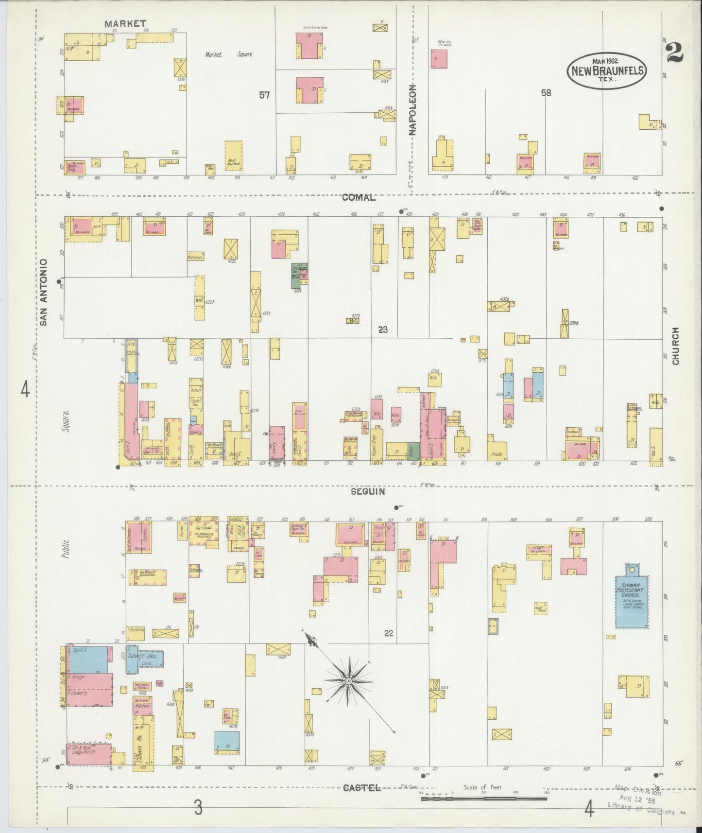 Sanborn Fire Insurance Map from New Braunfels, Comal County, Texas (1902), Sheet #0002 - Historic Sanborn Fire Insurance Map Print, vintage old map wall art, antique decor, genealogy gift, Texas Texas map