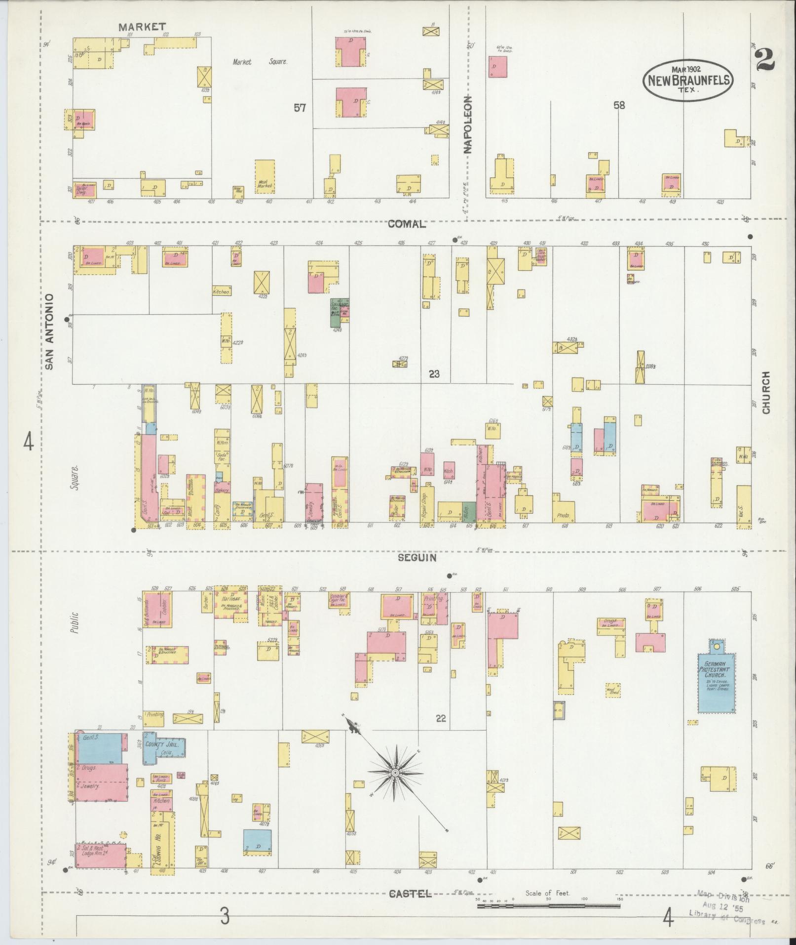 Sanborn Fire Insurance Map from New Braunfels, Comal County, Texas (1902), Sheet #0002 - Historic Sanborn Fire Insurance Map Print, vintage old map wall art, antique decor, genealogy gift, Texas Texas map