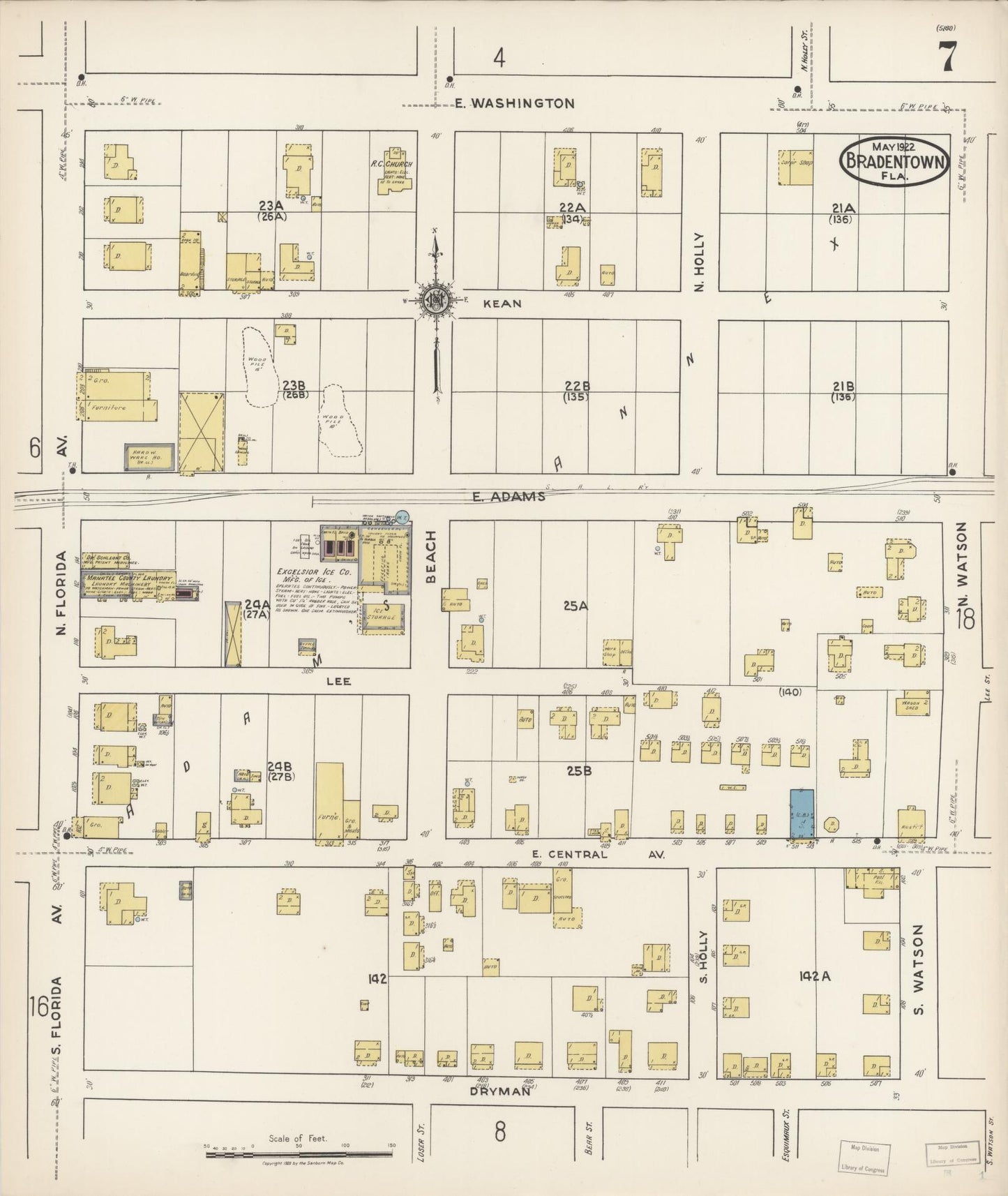 Sanborn Fire Insurance Map from Bradentown, Manatee County, Florida (1922), Sheet #0007 - Historic Sanborn Fire Insurance Map Print, vintage old map wall art, antique decor, genealogy gift, Florida Florida map