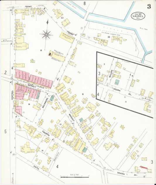 Sanborn Fire Insurance Map from Laurel, Sussex County, Delaware (1907), Sheet #0003 - Historic Sanborn Fire Insurance Map Print, vintage old map wall art, antique decor, genealogy gift, Delaware Delaware map