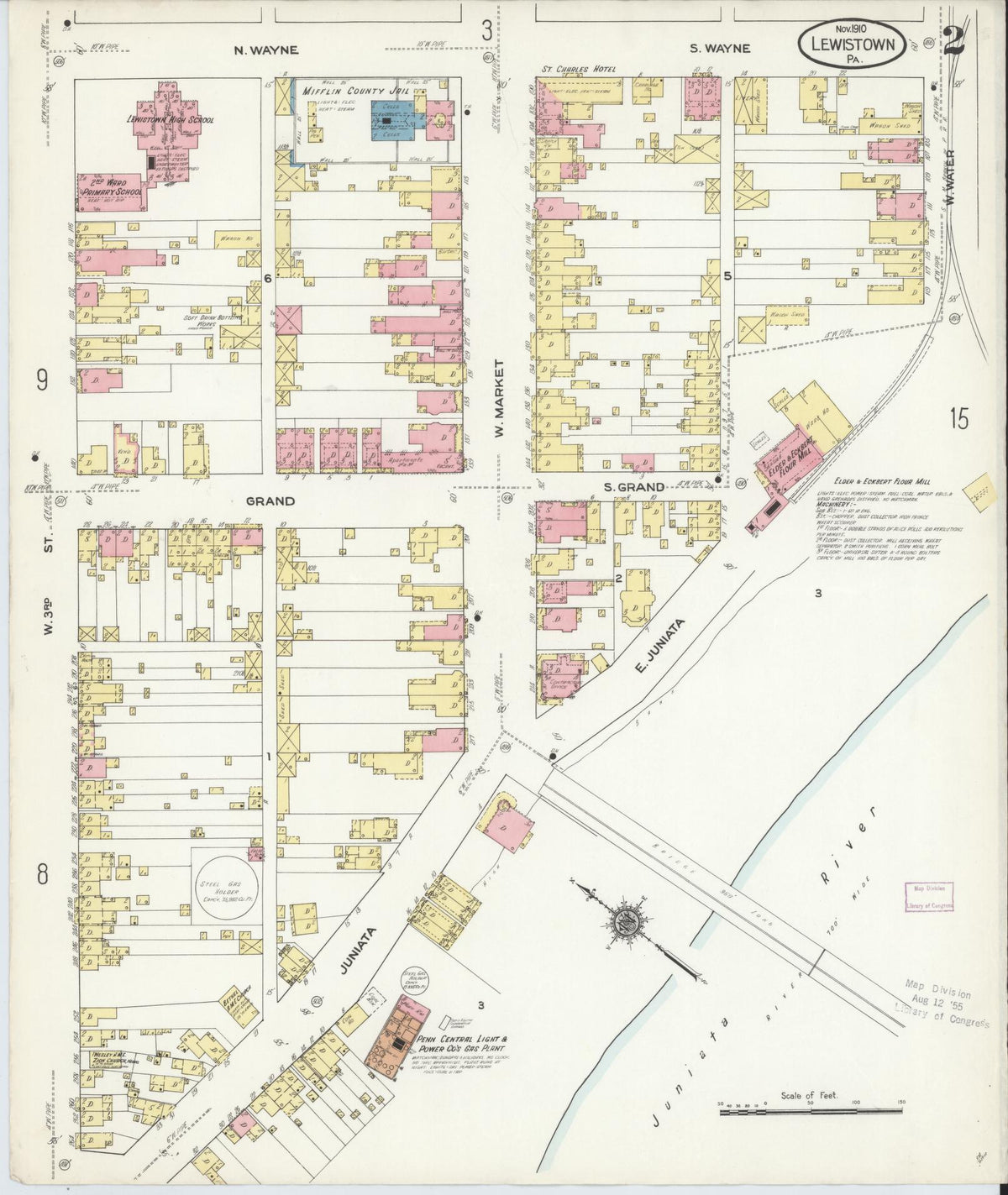 Sanborn Fire Insurance Map from Lewistown, Mifflin County, Pennsylvania (1910), Sheet #0002 - Historic Sanborn Fire Insurance Map Print, vintage old map wall art, antique decor, genealogy gift, Pennsylvania Pennsylvania map