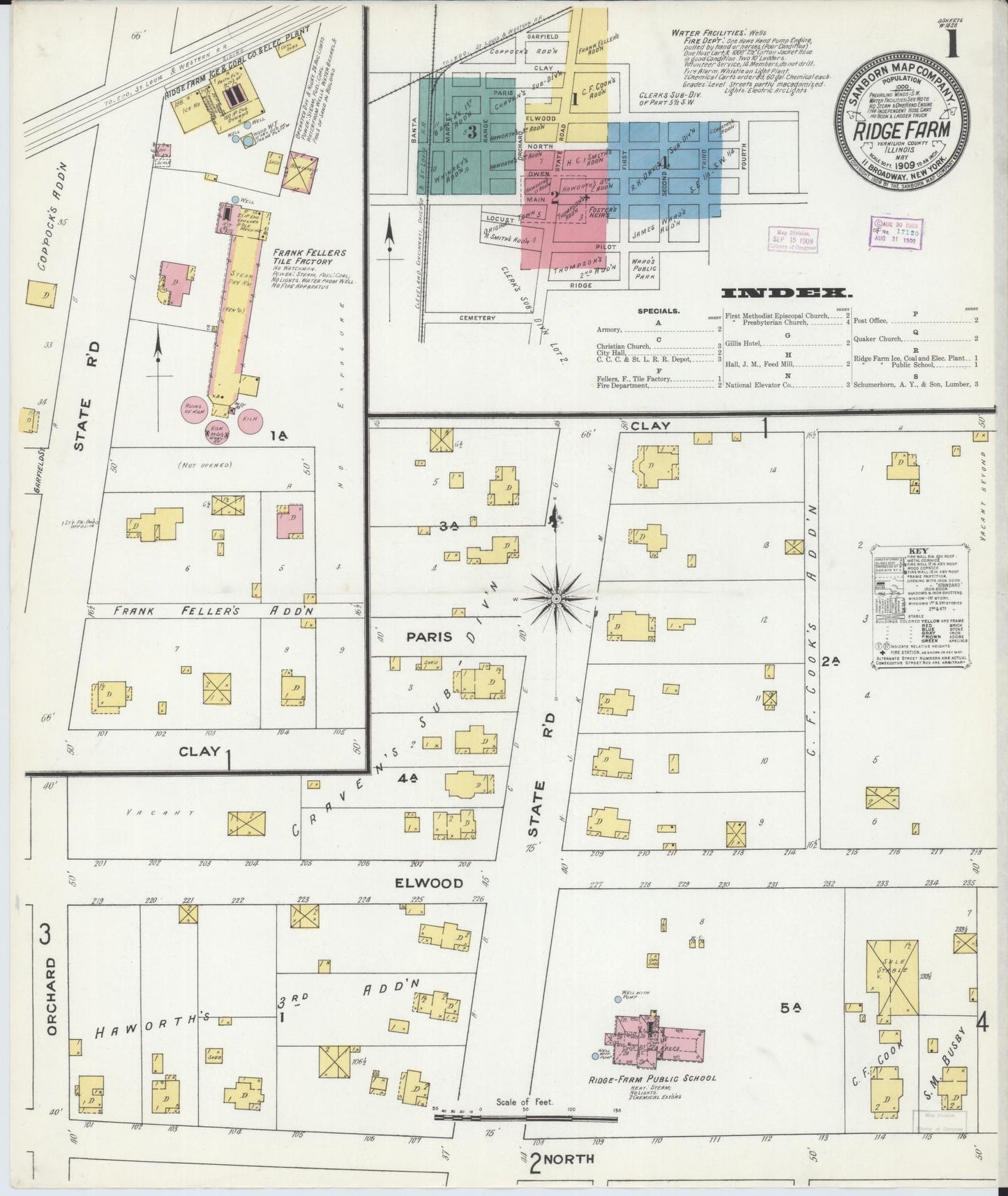 Sanborn Fire Insurance Map from Ridge Farm, Vermilion County, Illinois (1909), Sheet #0001 - Complete Map Set gallery image, historic Sanborn map, vintage wall art, Illinois Illinois