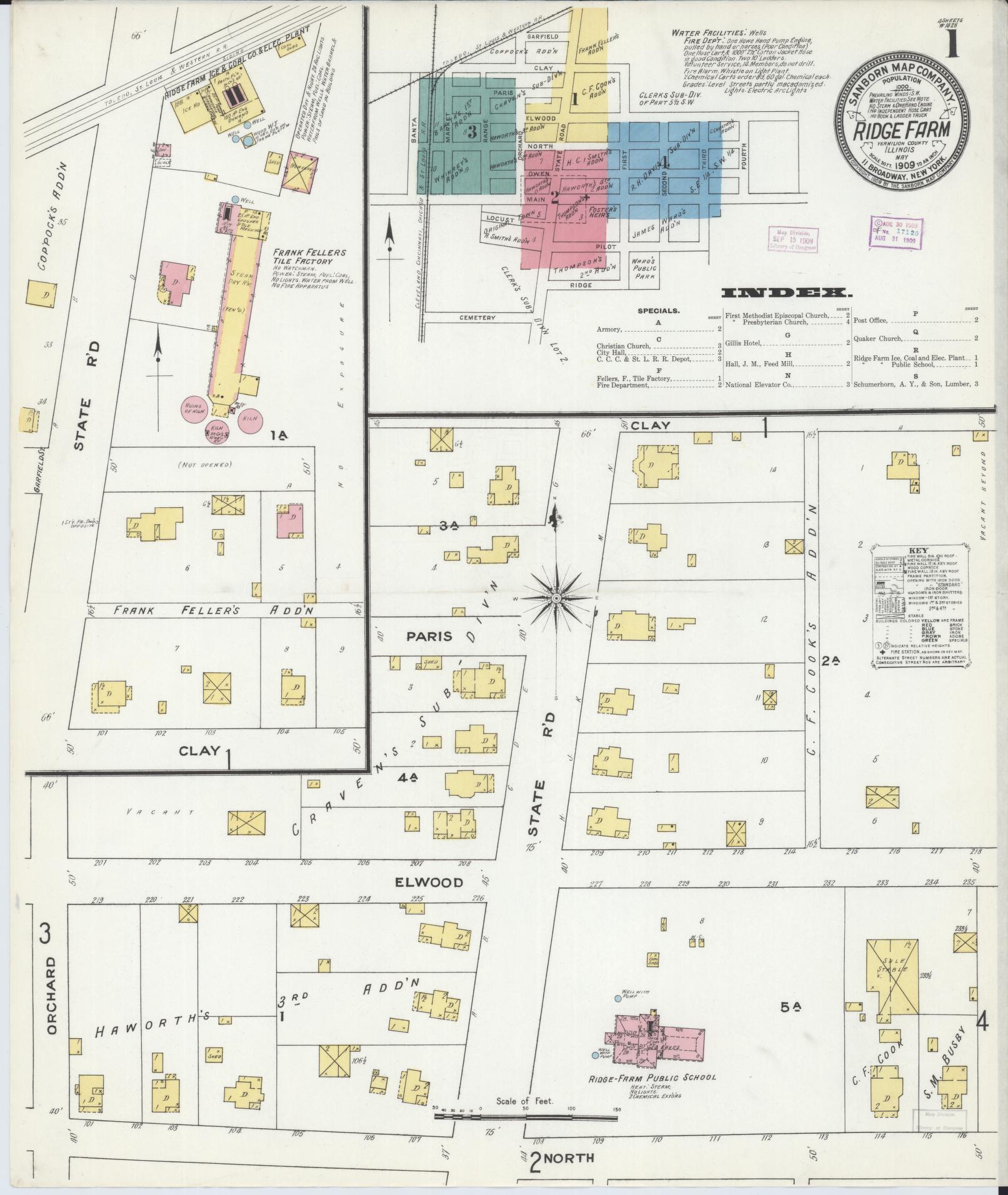 Sanborn Fire Insurance Map from Ridge Farm, Vermilion County, Illinois (1909), Sheet #0001 - Complete Map Set gallery image, historic Sanborn map, vintage wall art, Illinois Illinois