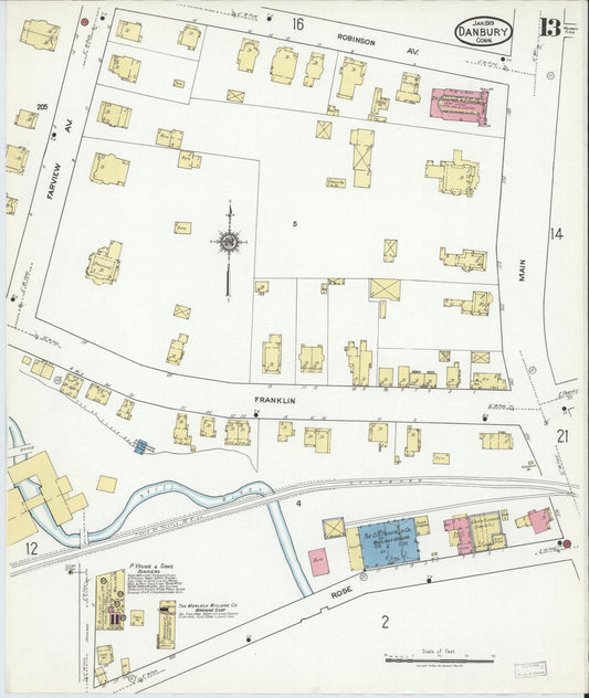 Sanborn Fire Insurance Map from Danbury, Fairfield County, Connecticut (1919), Sheet #0013 - Historic Sanborn Fire Insurance Map Print, vintage old map wall art, antique decor, genealogy gift, Connecticut Connecticut map