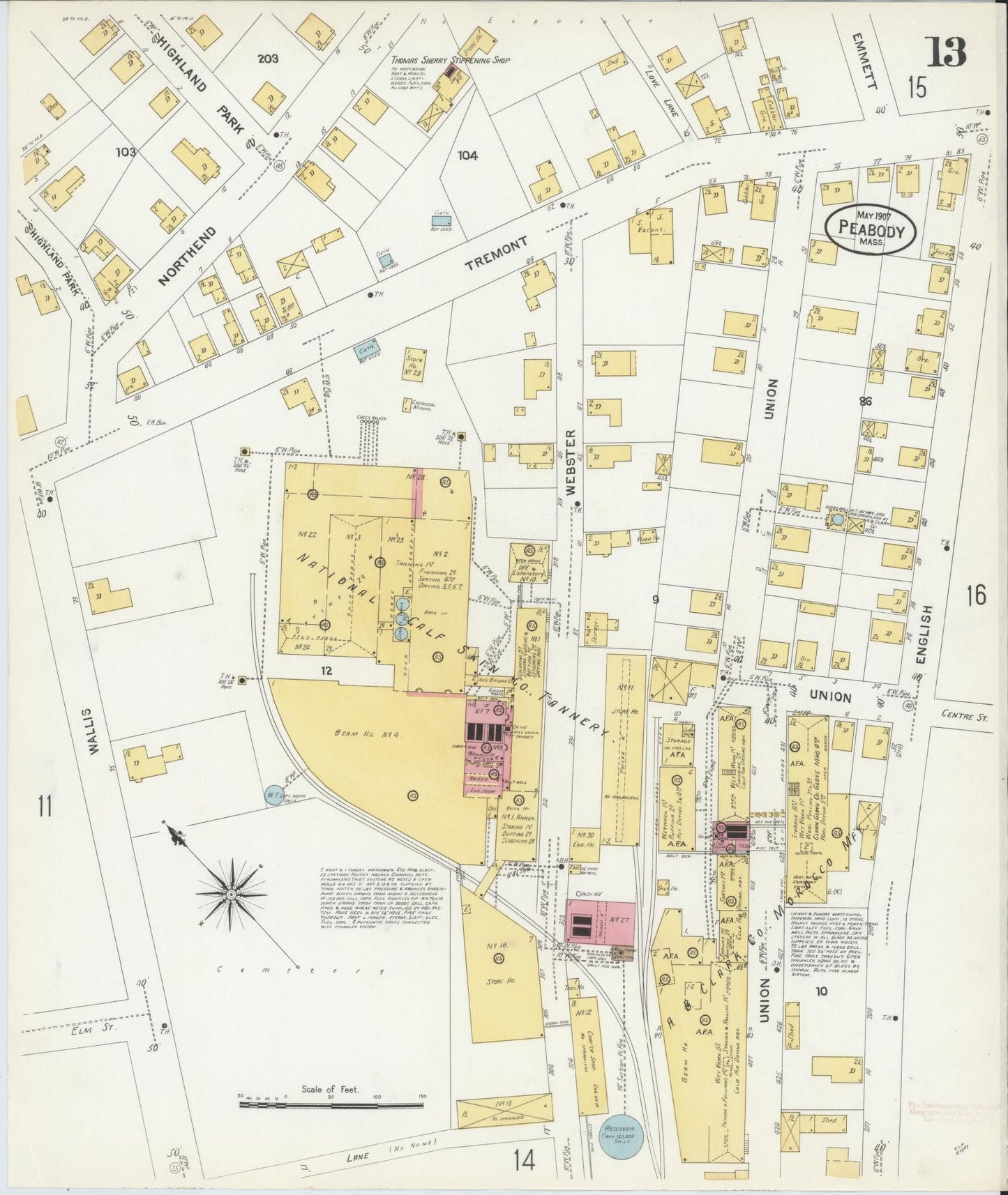 Sanborn Fire Insurance Map from Peabody, Essex County, Massachusetts (1907), Sheet #0013 - Complete Map Set gallery image, historic Sanborn map, vintage wall art, Massachusetts Massachusetts