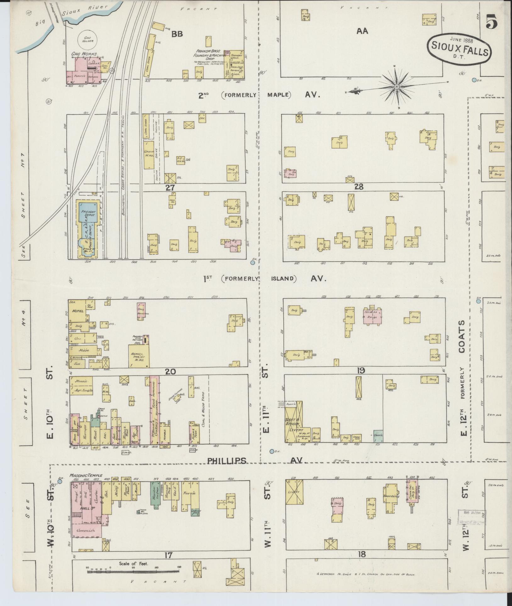 Sanborn Fire Insurance Map from Sioux Falls, Minnehaha County, South Dakota (1888), Sheet #0005 - Complete Map Set gallery image, historic Sanborn map, vintage wall art, South Dakota South Dakota