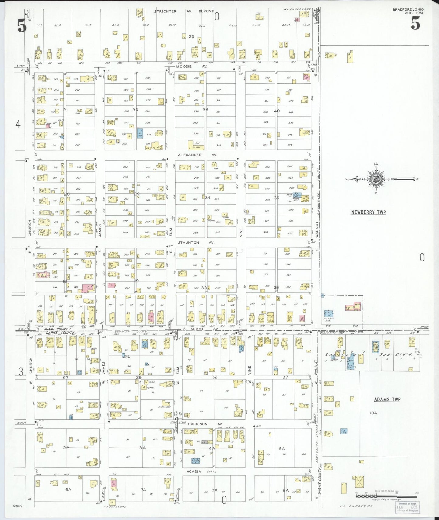 Sanborn Fire Insurance Map from Bradford, Darke and Miami Counties, Ohio (1951), Sheet #0005 - Historic Sanborn Fire Insurance Map Print, vintage old map wall art, antique decor, genealogy gift, Ohio Ohio map