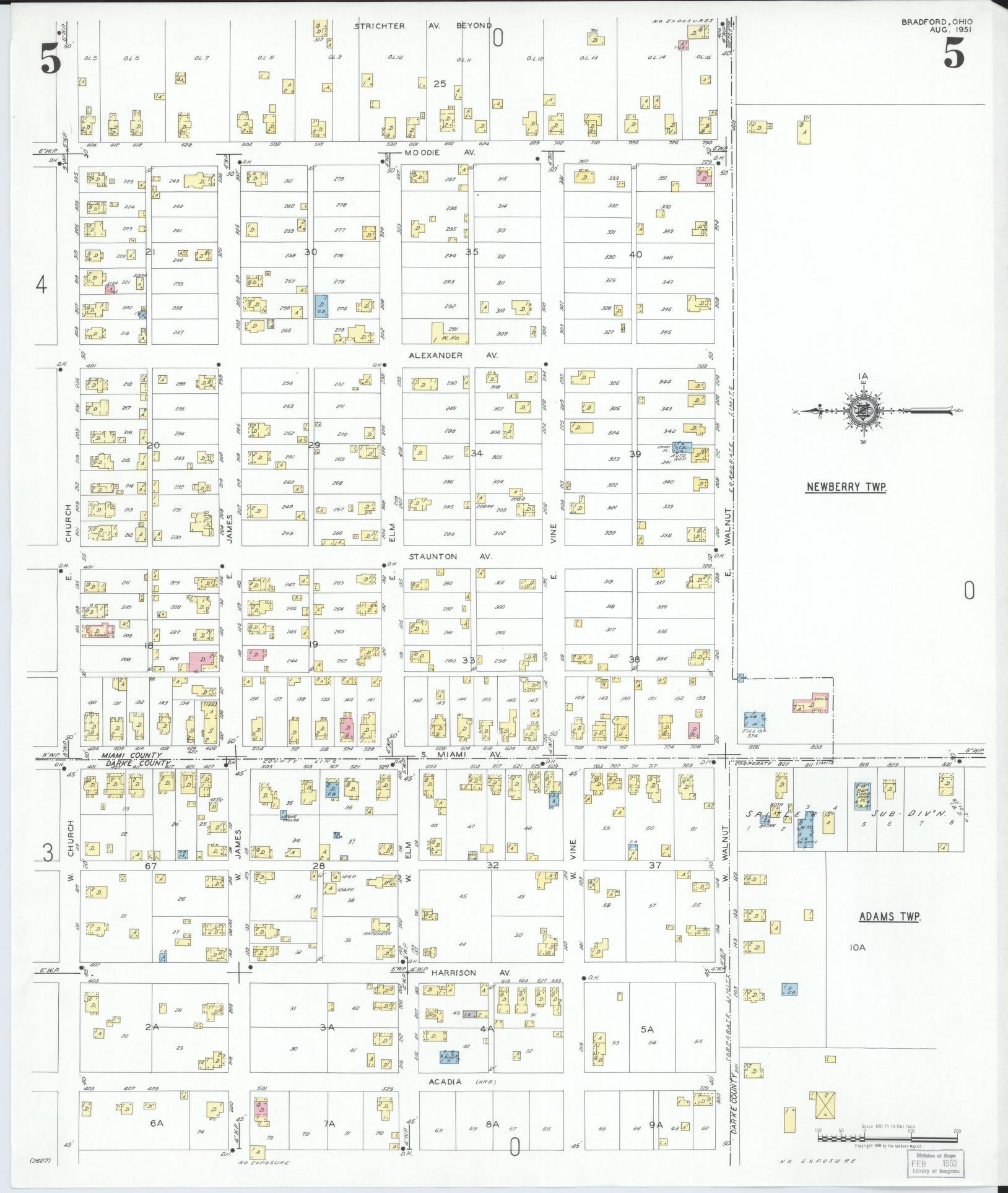 Sanborn Fire Insurance Map from Bradford, Darke and Miami Counties, Ohio (1951), Sheet #0005 - Historic Sanborn Fire Insurance Map Print, vintage old map wall art, antique decor, genealogy gift, Ohio Ohio map