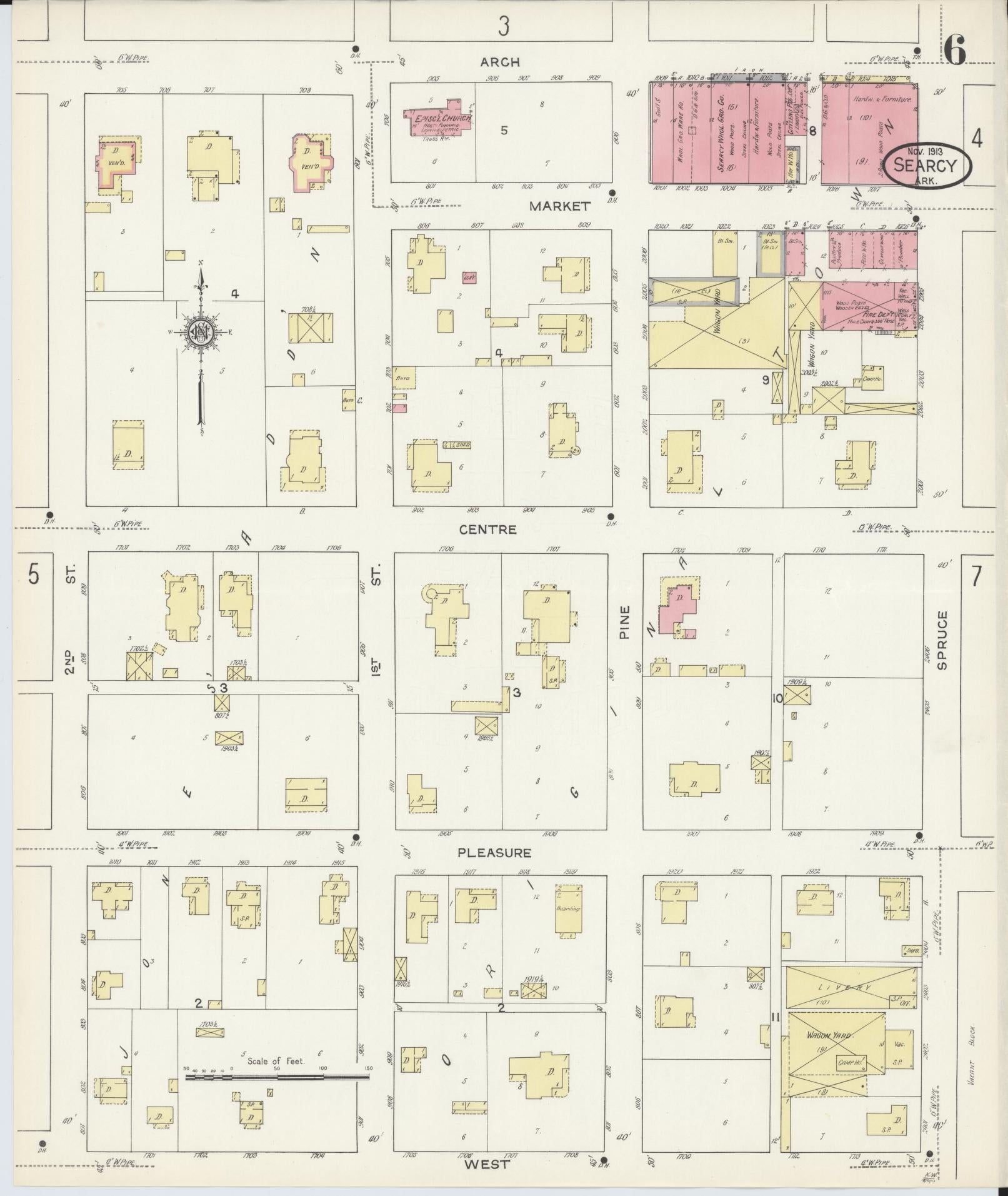 Sanborn Fire Insurance Map from Searcy, White County, Arkansas (1913), Sheet #0006 - Historic Sanborn Fire Insurance Map Print, vintage old map wall art, antique decor, genealogy gift, Arkansas Arkansas map