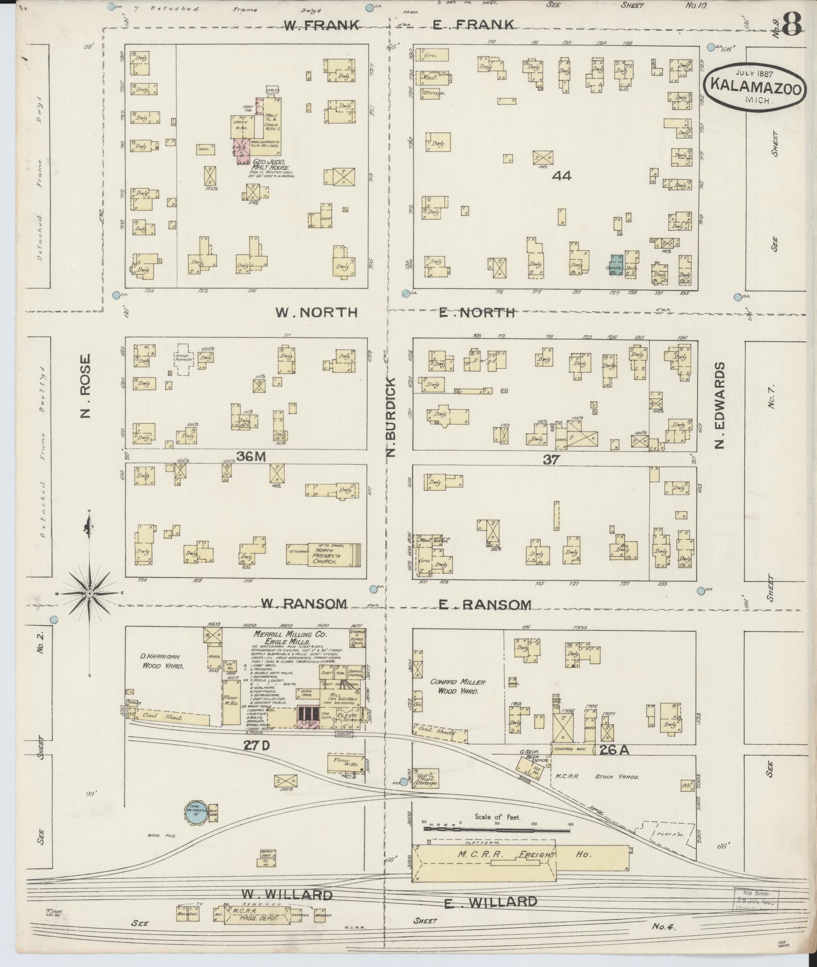 Sanborn Fire Insurance Map from Kalamazoo, Kalamazoo County, Michigan (1887), Sheet #0008 - Complete Map Set gallery image, historic Sanborn map, vintage wall art, Michigan Michigan