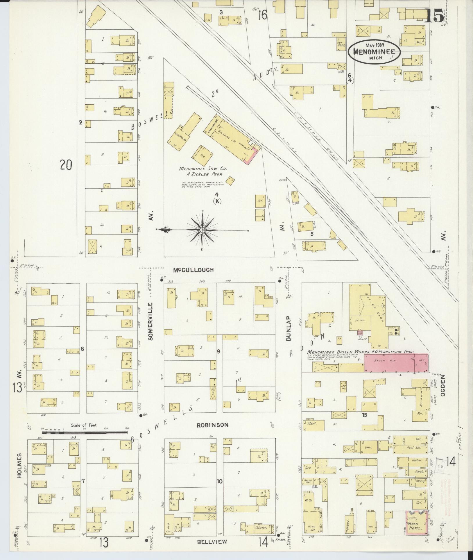 Sanborn Fire Insurance Map from Menominee, Menominee County, Michigan (1907), Sheet #0015 - Historic Sanborn Fire Insurance Map Print, vintage old map wall art, antique decor, genealogy gift, Michigan Michigan map