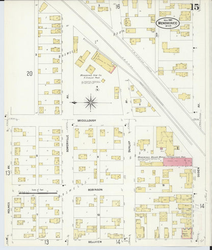 Sanborn Fire Insurance Map from Menominee, Menominee County, Michigan (1907), Sheet #0015 - Historic Sanborn Fire Insurance Map Print, vintage old map wall art, antique decor, genealogy gift, Michigan Michigan map