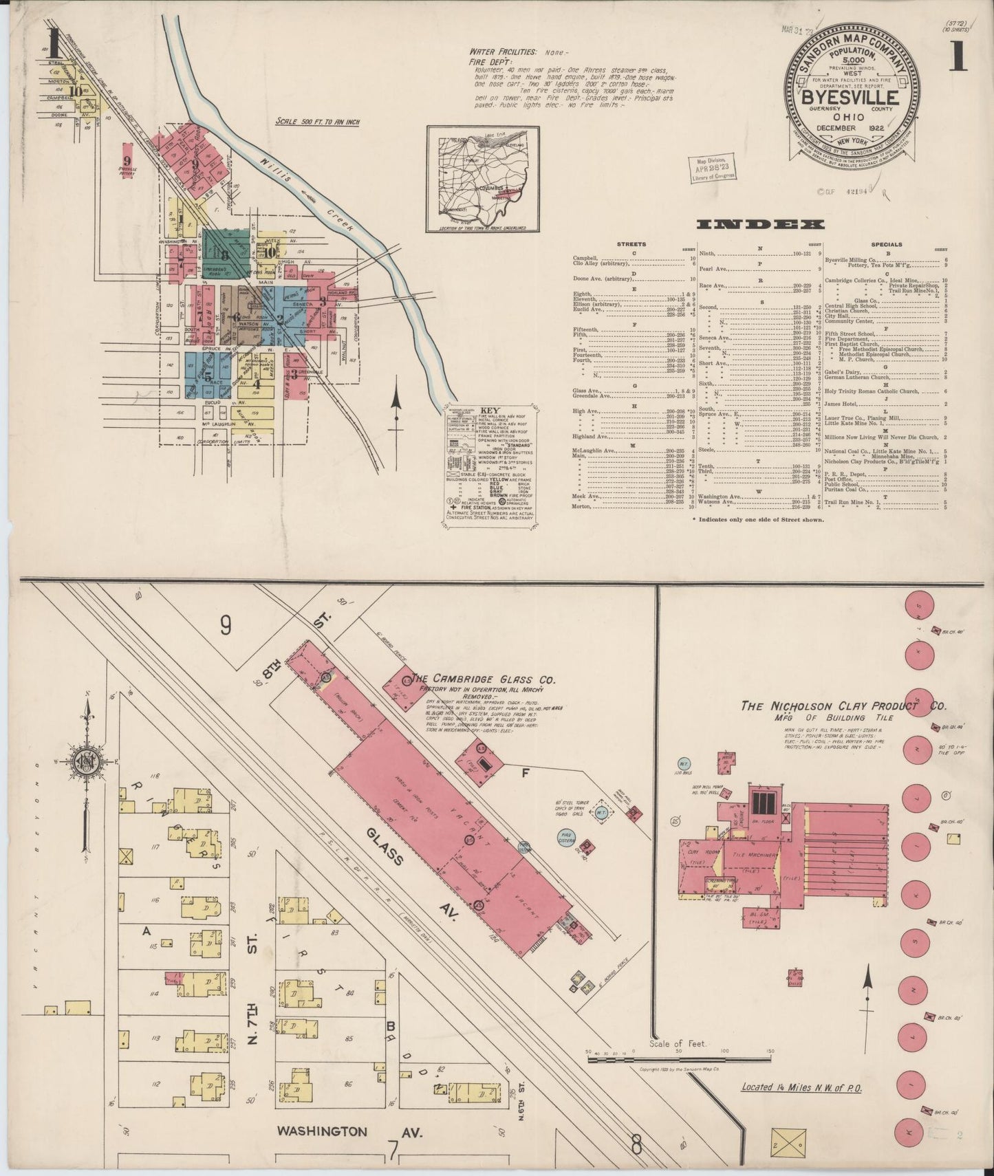 Sanborn Fire Insurance Map from Byesville, Guernsey County, Ohio (1922), Sheet #0001 - Historic Sanborn Fire Insurance Map Print, vintage old map wall art, antique decor, genealogy gift, Ohio Ohio map
