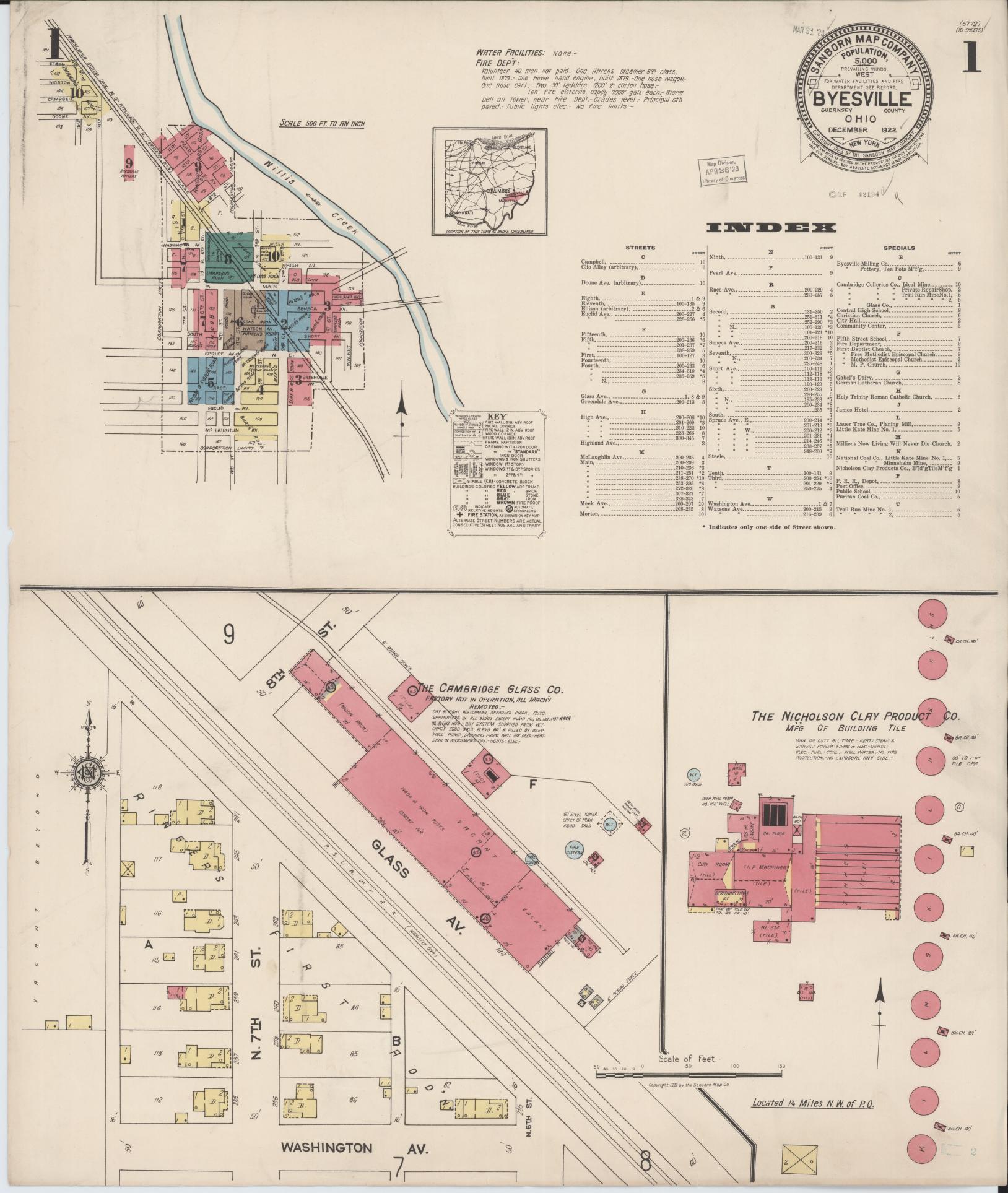 Sanborn Fire Insurance Map from Byesville, Guernsey County, Ohio (1922), Sheet #0001 - Historic Sanborn Fire Insurance Map Print, vintage old map wall art, antique decor, genealogy gift, Ohio Ohio map
