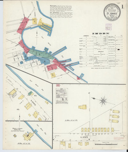 Sanborn Fire Insurance Map from Saint Ignace, Mackinac County, Michigan (1907), Sheet #0001 - Historic Sanborn Fire Insurance Map Print, vintage old map wall art, antique decor, genealogy gift, Michigan Michigan map