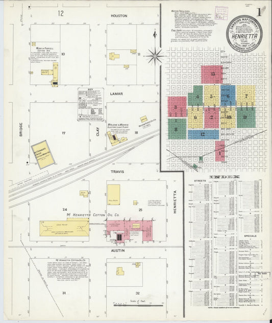 Sanborn Fire Insurance Map from Henrietta, Clay County, Texas (1907), Sheet #0001 - Historic Sanborn Fire Insurance Map Print, vintage old map wall art, antique decor, genealogy gift, Texas Texas map