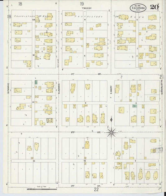 Sanborn Fire Insurance Map from Escanaba, Delta County, Michigan (1906), Sheet #0020 - Historic Sanborn Fire Insurance Map Print, vintage old map wall art, antique decor, genealogy gift, Michigan Michigan map
