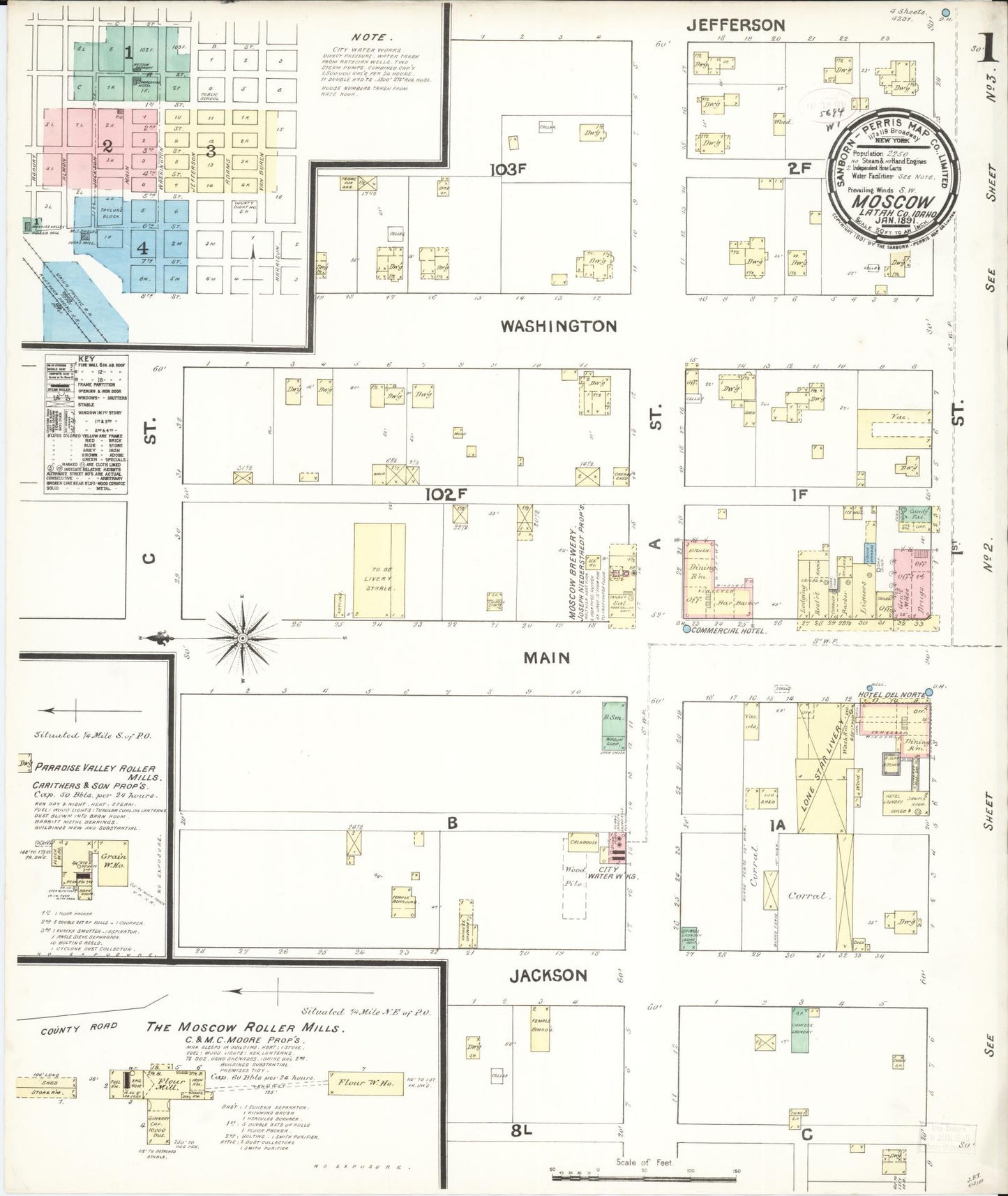 Sanborn Fire Insurance Map from Moscow, Latah County, Idaho (1891), Sheet #0001 - Historic Sanborn Fire Insurance Map Print, vintage old map wall art, antique decor, genealogy gift, Idaho Idaho map
