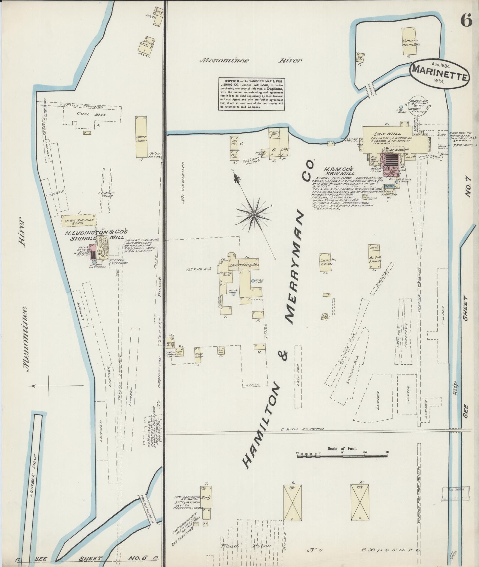 Sanborn Fire Insurance Map from Marinette, Marinette County, Wisconsin (1884), Sheet #0006 - Historic Sanborn Fire Insurance Map Print, vintage old map wall art, antique decor, genealogy gift, Wisconsin Wisconsin map