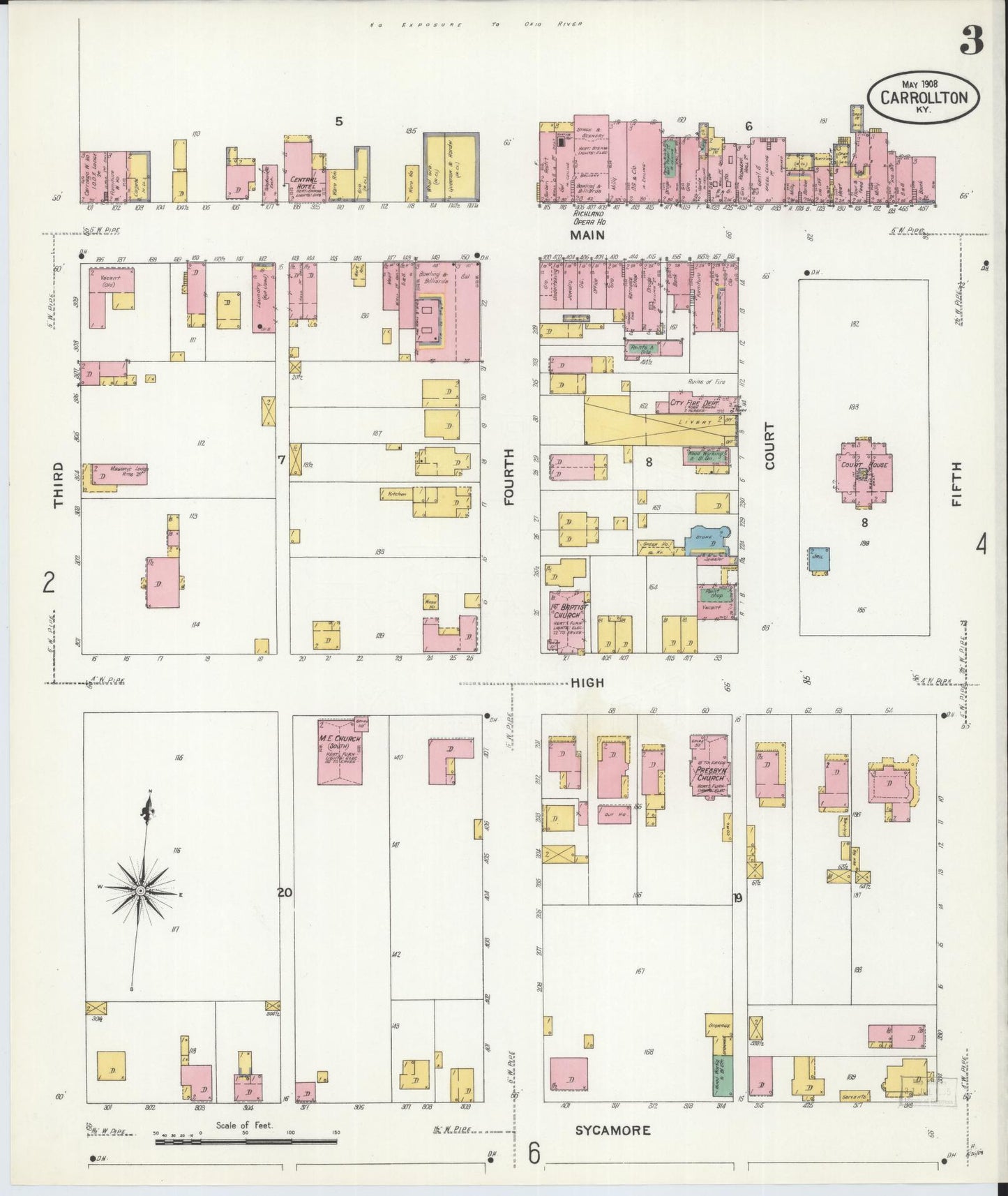 Sanborn Fire Insurance Map from Carrollton, Carroll County, Kentucky (1908), Sheet #0003 - Complete Map Set gallery image, historic Sanborn map, vintage wall art, Kentucky Kentucky
