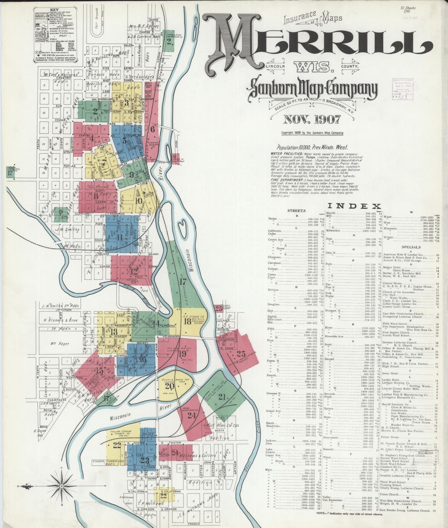 Sanborn Fire Insurance Map from Merrill, Lincoln County, Wisconsin (1907), Sheet #0001 - Complete Map Set gallery image, historic Sanborn map, vintage wall art, Wisconsin Wisconsin