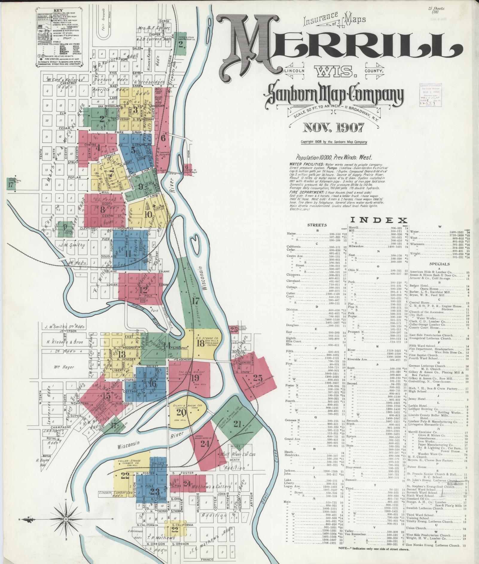 Sanborn Fire Insurance Map from Merrill, Lincoln County, Wisconsin (1907), Sheet #0001 - Complete Map Set gallery image, historic Sanborn map, vintage wall art, Wisconsin Wisconsin