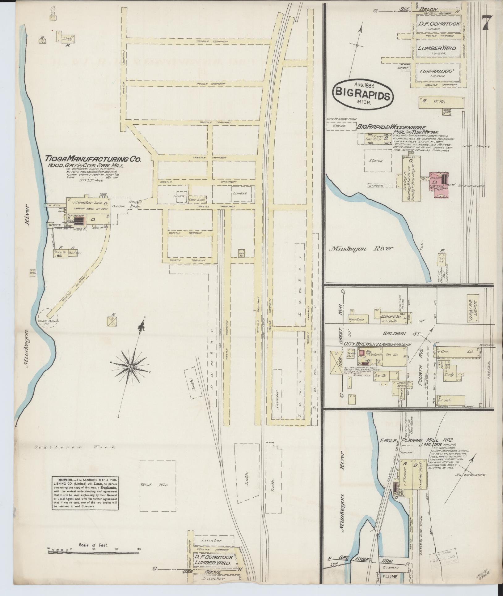 Sanborn Fire Insurance Map from Big Rapids, Mecosta County, Michigan (1884), Sheet #0007 - Historic Sanborn Fire Insurance Map Print, vintage old map wall art, antique decor, genealogy gift, Michigan Michigan map
