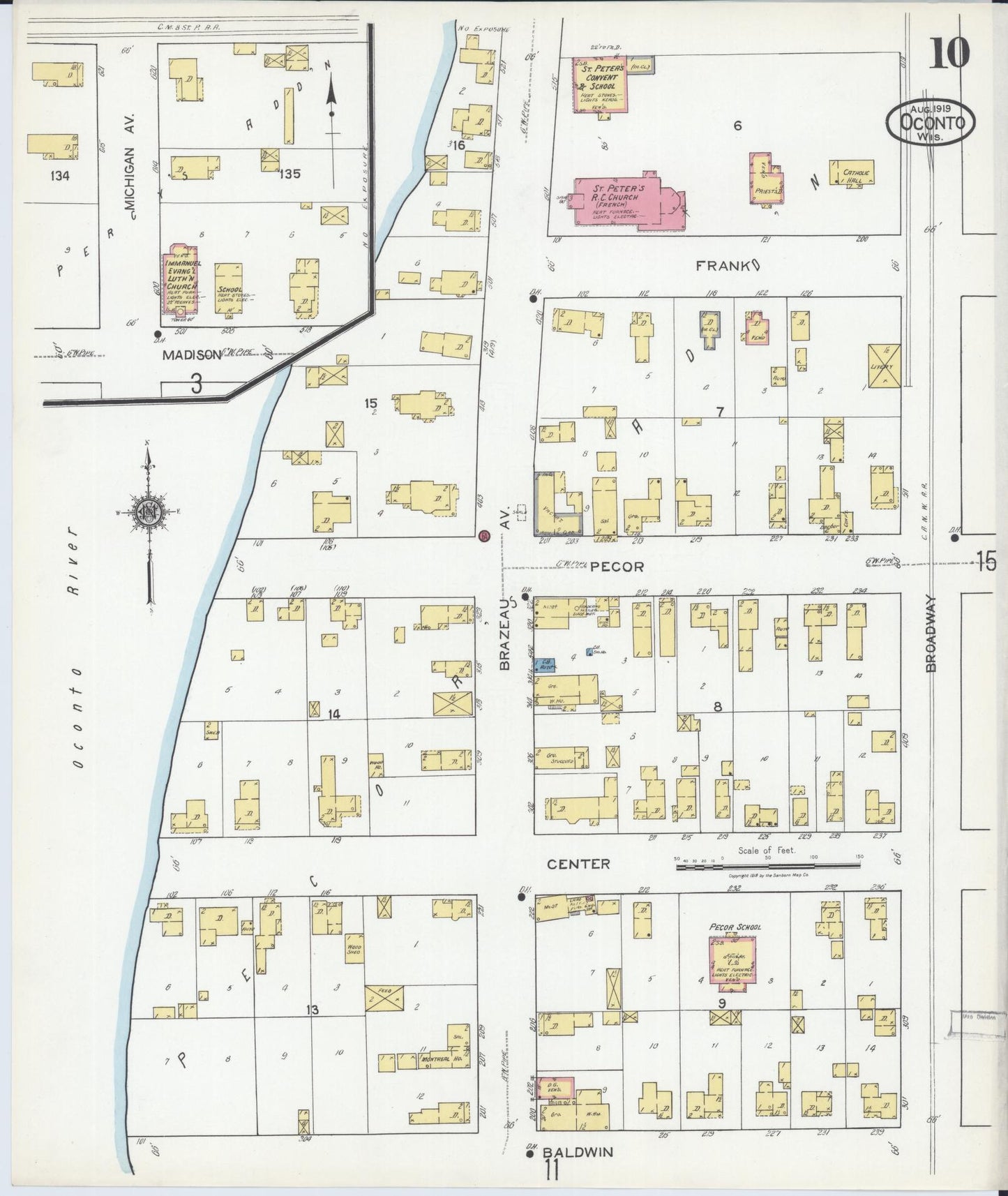 Sanborn Fire Insurance Map from Oconto, Oconto County, Wisconsin (1919), Sheet #0010 - Historic Sanborn Fire Insurance Map Print, vintage old map wall art, antique decor, genealogy gift, Wisconsin Wisconsin map