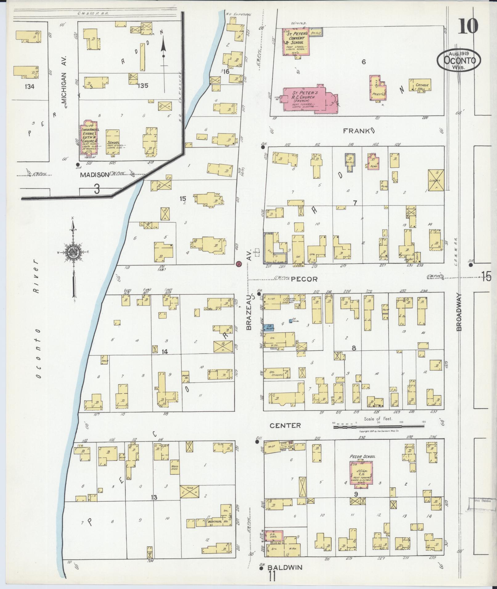 Sanborn Fire Insurance Map from Oconto, Oconto County, Wisconsin (1919), Sheet #0010 - Historic Sanborn Fire Insurance Map Print, vintage old map wall art, antique decor, genealogy gift, Wisconsin Wisconsin map